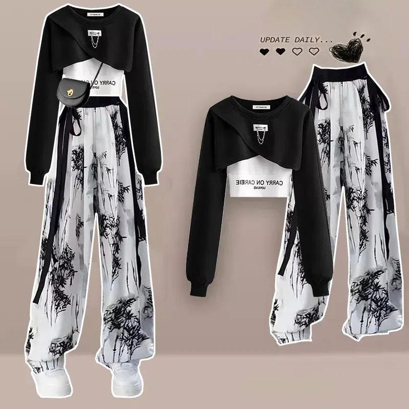 Spring and Autumn Set Women's Korean Loose Fashion Top Casual Pants Three Piece Set