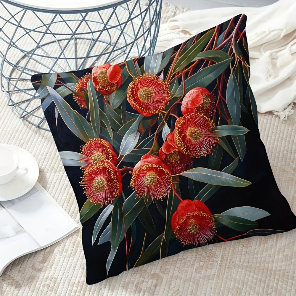 1Pc Red Eucalyptus Flower Pillow Cover, Polyester 2D Double-Sided Print, Vibrant Australian Native Floral Art, Botanical Home De