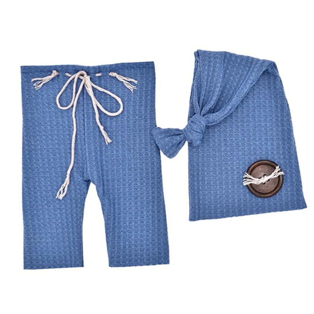 NewBorn Photo Outfit Blue Clothes Pants Tailed Hat Crochet Soft Breathable Wood Button Photo Props for Infant Toddlers