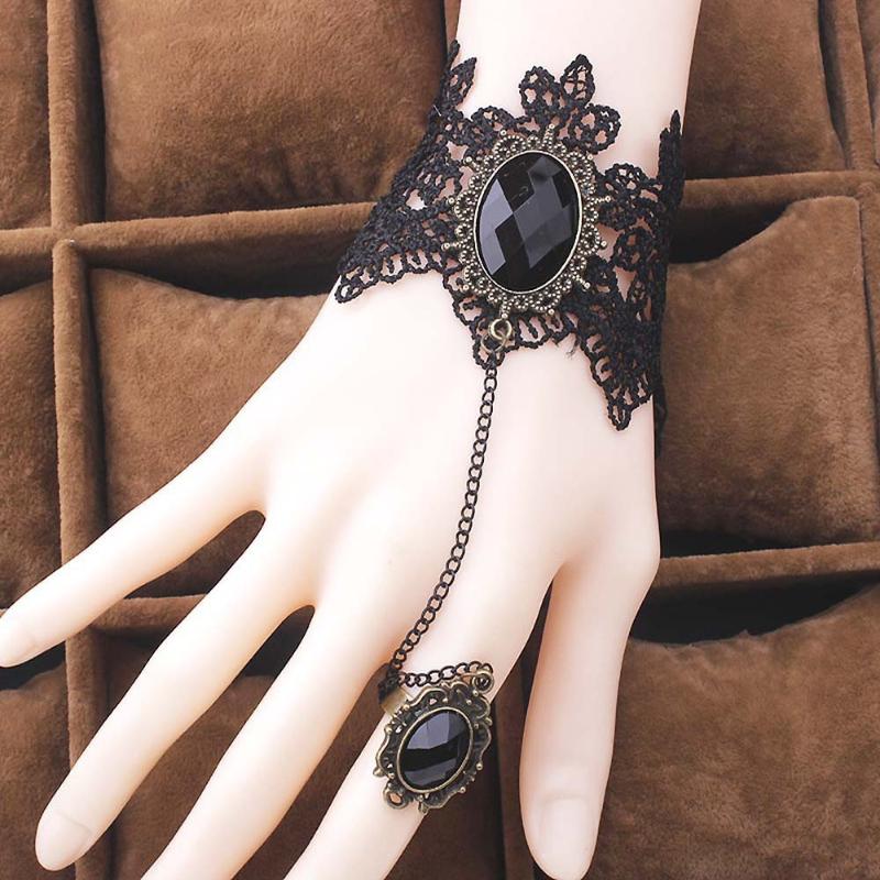 Nueva y elegante pulsera de encaje estilo gótico con rosa roja y anillo ajustable.