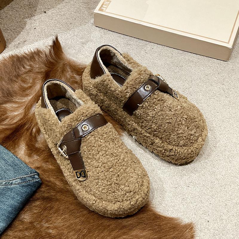 Winter 2025 new suede round head rubber artificial short plush bag heel plush cotton shoes women's cotton slippers thickened