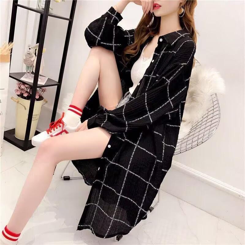 Dongdaemun Women's Summer Plaid Shirt: Lightweight, UV-Protective, Loose-Fit Medium & Long Sleeves.