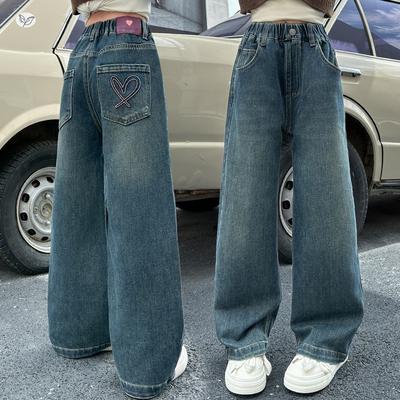 Bolsillo Corazón Bordado Niño Primavera y Otoño Jeans Aislados para Niñas Niños