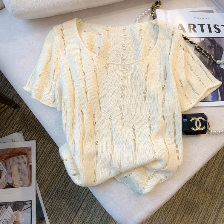 

Трикотажный свитер из ледяного шелка с ажурными отверстиями для женщин на лето, свободный и тонкий стиль, шикарный топ с короткими рукавами, модный one size абрикосовый