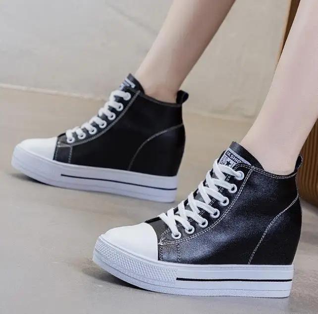 Fashion 8CM Genuine Leather Increased Intemal Women Shoes Spring Autumn Ankle Booties Women Combat Platform Wedge Chunky Sneaker Winters