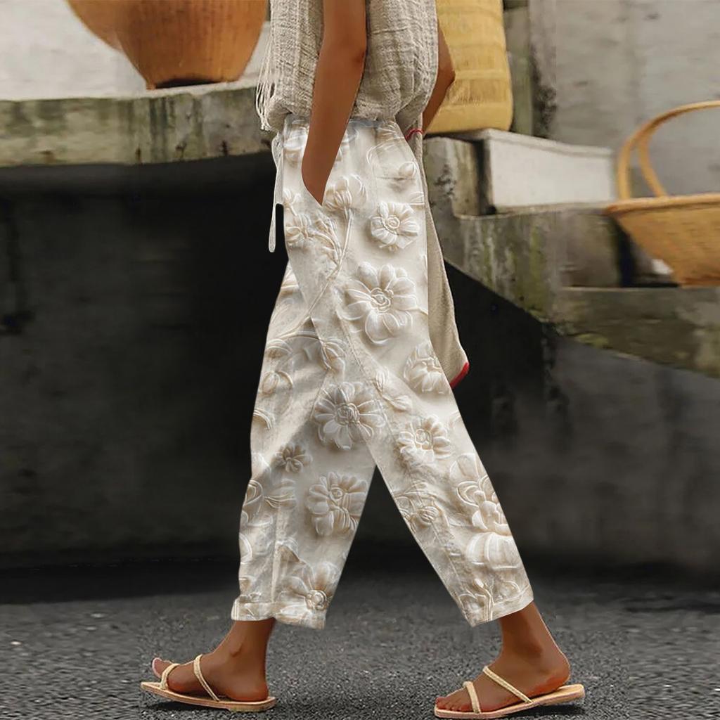 Damen Modische Hose mit Blumenmuster, Kordelzugtaschen und elastischem Bund für Freizeit