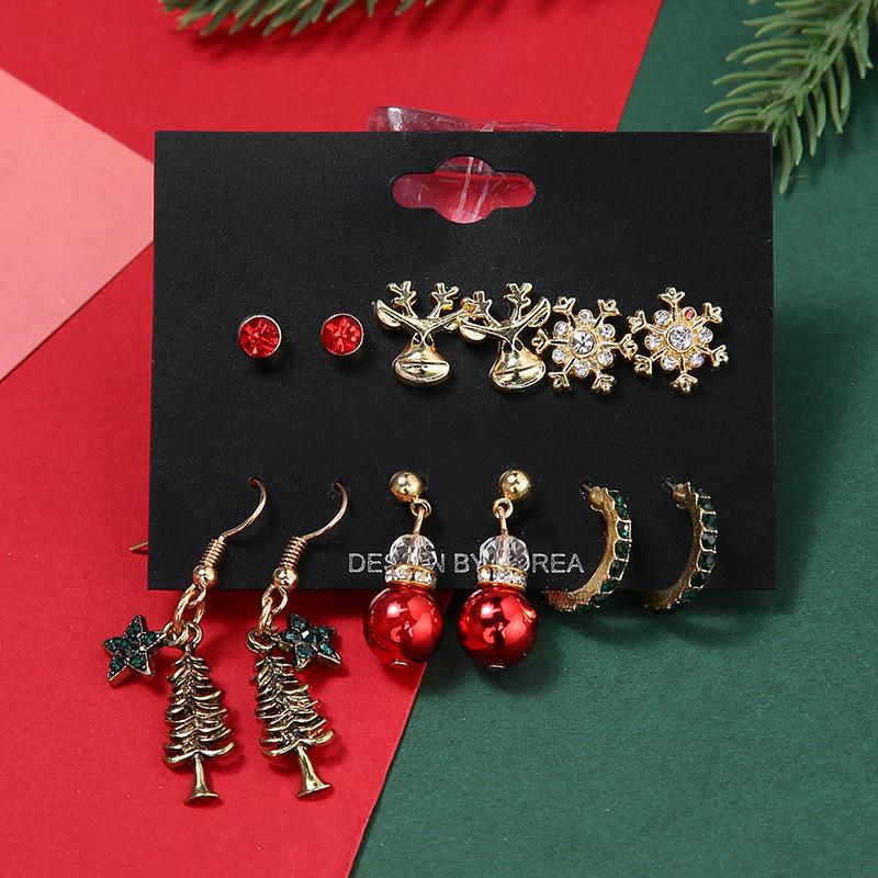 Christmas stud earrings combination new cartoon holiday alloy dripping elk old man bell earrings set