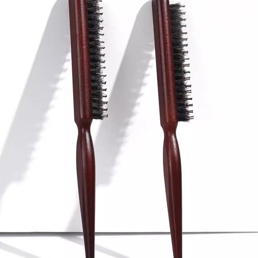 Fluffy Tooth Three-Row Boar Bristle Hairdressing Comb - Wooden, Pointed, Long Handle for Teasing, Curling, and Styling