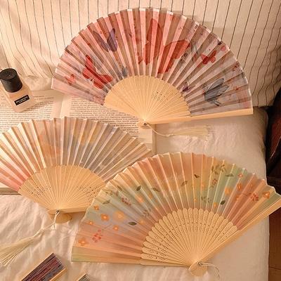 Folding Fan Bamboo Cloth Ink Wash Painting Hand Fans Wedding Chinese Dance Fan Props Classical Wall Mount Fan
