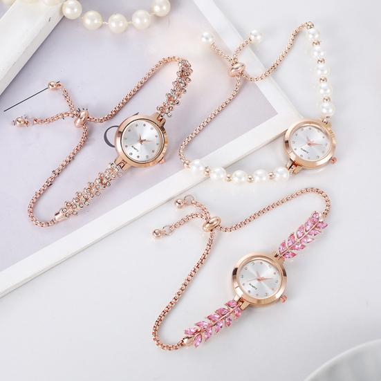 Femei stras brățară ceas reglabil Faux Pearl curea rotund cadran doamnelor casual rochie formală cuarț ceas de mână bijuterii accesoriu de modă