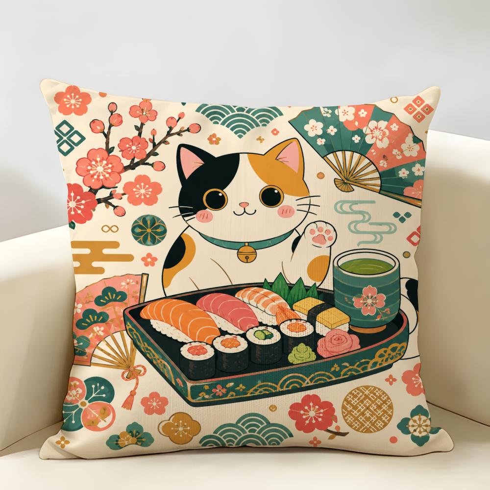 Kawaii Black Cat Ramen Noodle Cushion Cover Durable Hypoallergenic Organic Linen Short Pillow Cover Washable