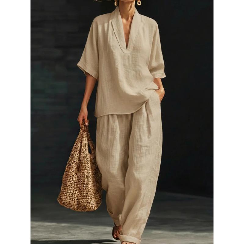 2026 Spring/Summer Hot-Selling V-Neck Short-Sleeve Top Set, Fashionable Casual Wide-Leg Pants Set