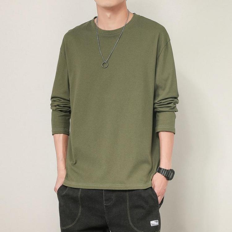 Men Long Sleeve Cotton Top Breathable Fabric Regular Fit Solid Colors Casual Wear