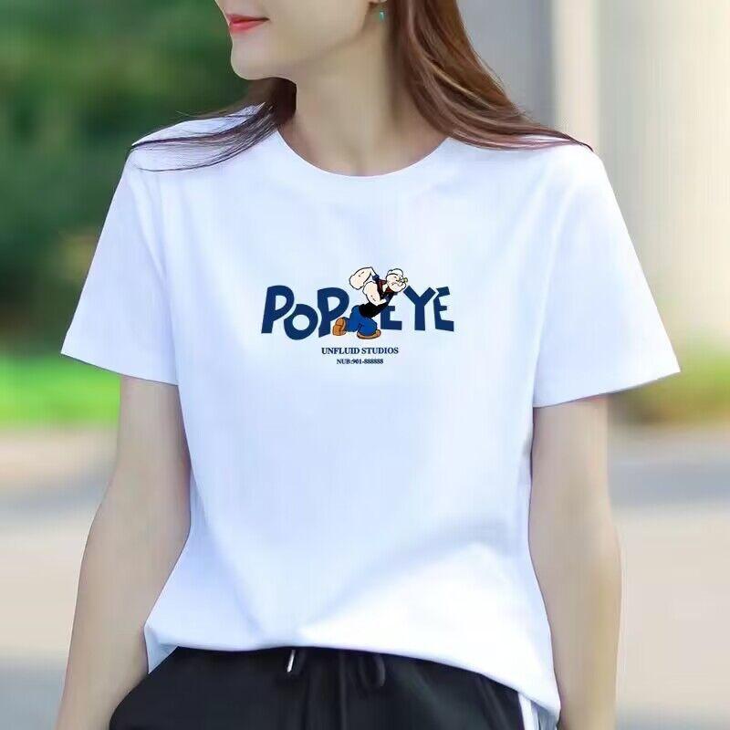 White Short Sleeve Round Neck T-shirt Loose Slimming and Fashionable Half Sleeve Top