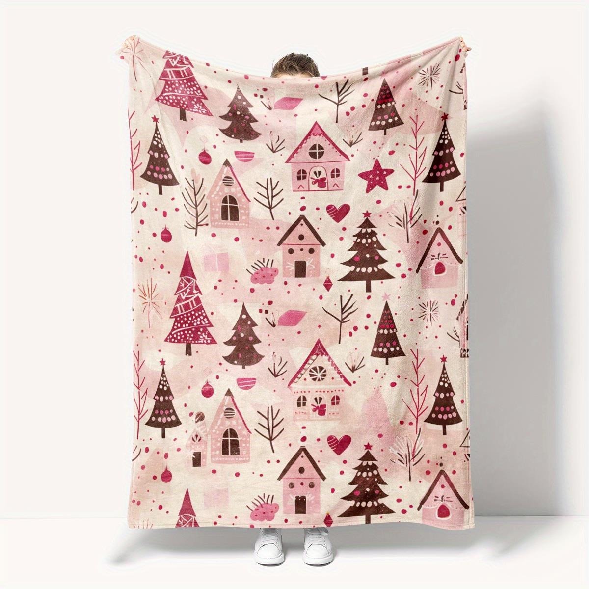 Cozy Christmas Throw Blanket - Soft Flannel All-Season Bedspread with Pastel Pink, Brown & Beige Houses, Trees & Hearts 130x150cm51x59in