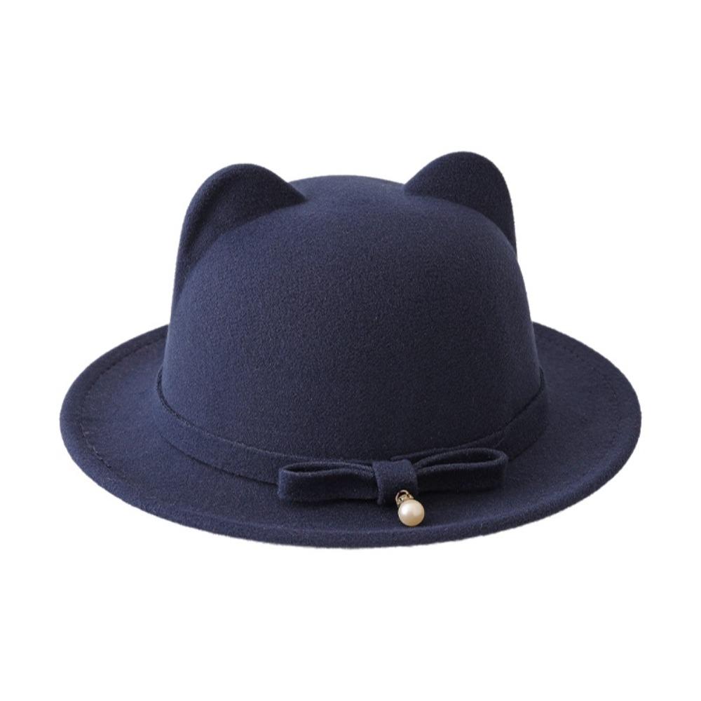 Fashion Cat Ears Wool Felt Hats Warm Material Bow Decoration Bowler Hats Solid Color Cloche Hats Women Wear темно-синий