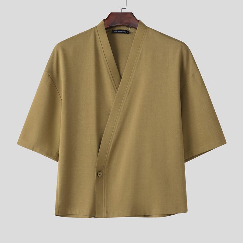 

INCERUN Men Front Cross V Neck Half Sleeve Casual Loose Cardigan Tops