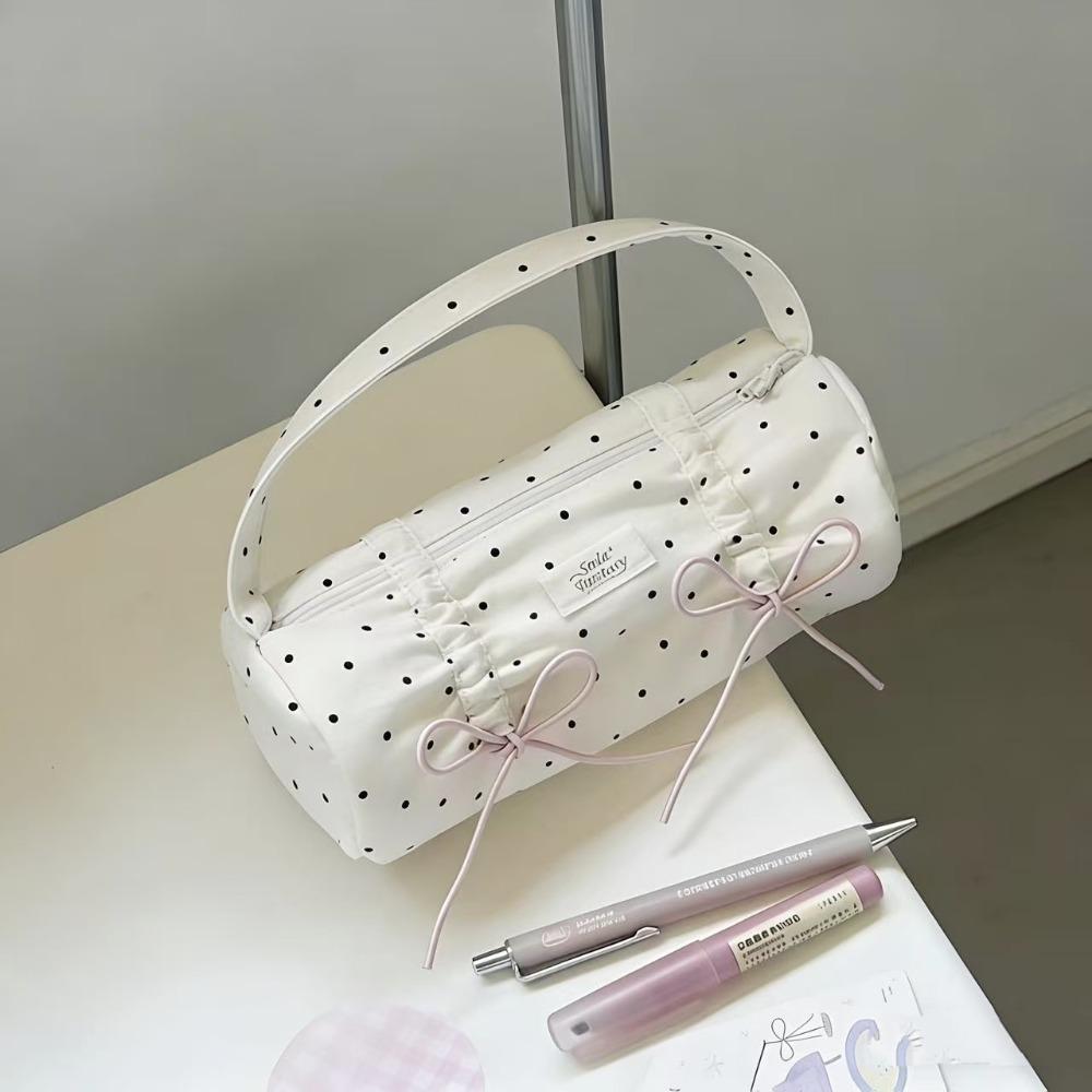 

INS Polka Dot Bow Design Pencil Case Portable Handheld Pen Bag Large Capacity Stationery Organizer School Office