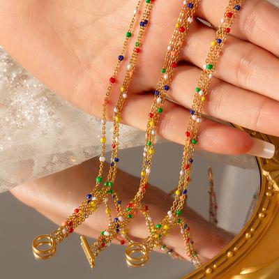 Bunte Öltropfen Runde Perle Gold Mehrschichtiges Armband Halskette Set Titan Stahl Vergoldet Ethno Schmuck