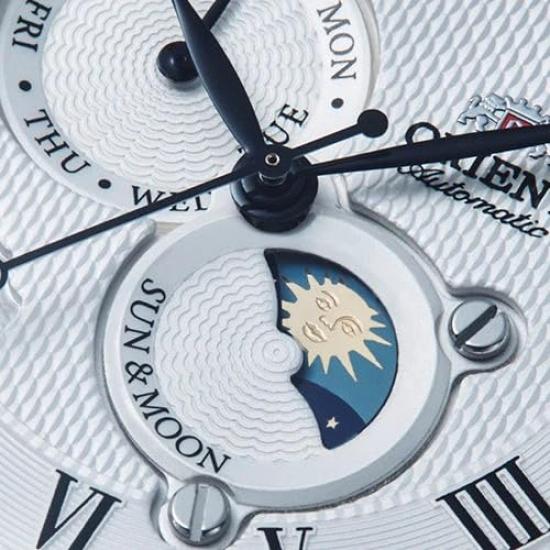 Orient SUN MOON Automatic with Japanese Silver & Watch, Mechanical, Manufacturer's Warranty, Classic, RN-AK0005S, Men's, White,