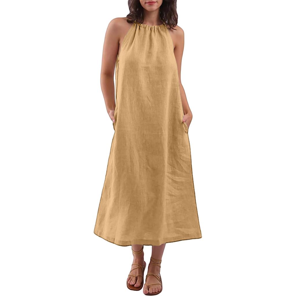 Women's Fashion Sleeveless Round Neck Straps Cotton Linen Dresses