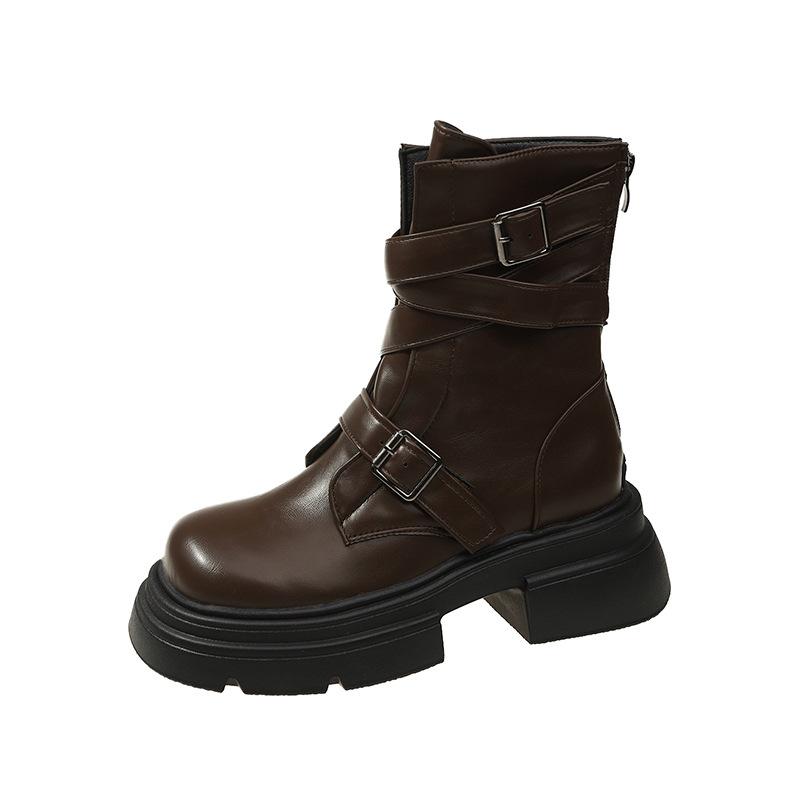 Brown casual and thin British style platform Martin boots women's 2025 autumn new small round head thick heel short boots