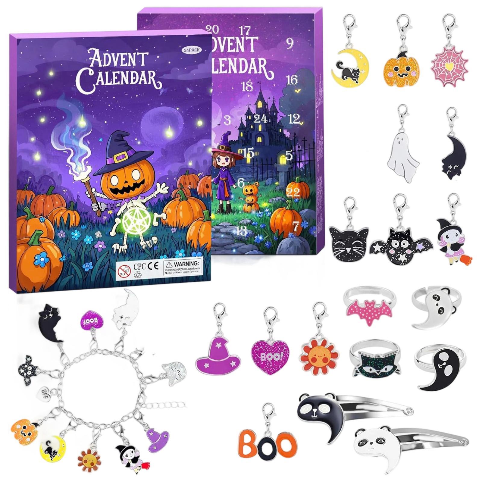 

Хэллоуин Адвент-календарь 2025 для девочек и мальчиков с 24 днями уникального подарка, обратный отсчет, календарь, жуткий замок, сделай сам, креативный шарм, подвеска, браслет One Size