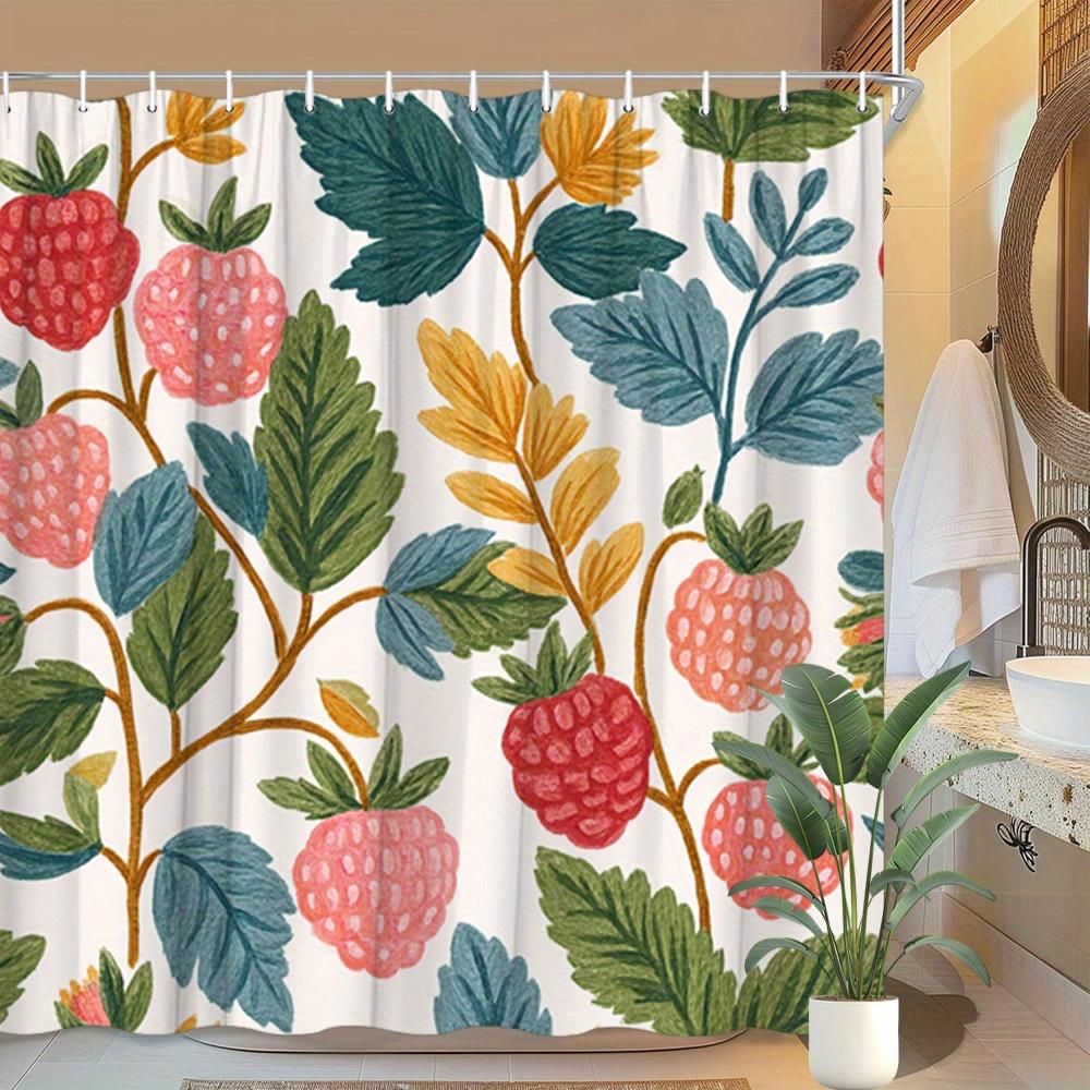 

1 Strawberry Garden Shower Curtain - Red Berries And Green Leaves Watercolor Botanical Design, Polyester Fabric, Home Decor W60H190(CM)-1 Pcs