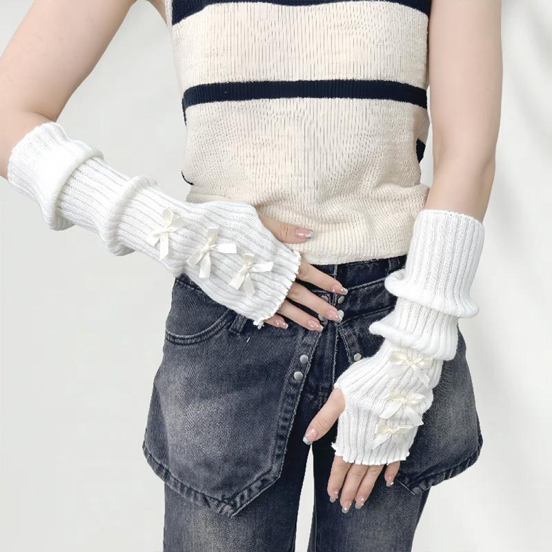 Women'S Bow-Knot Hand Sleeve Half-Finger Gloves Knitted Wool Ribbon Sleeves Fashionable Ballet Style Arm Sleeves