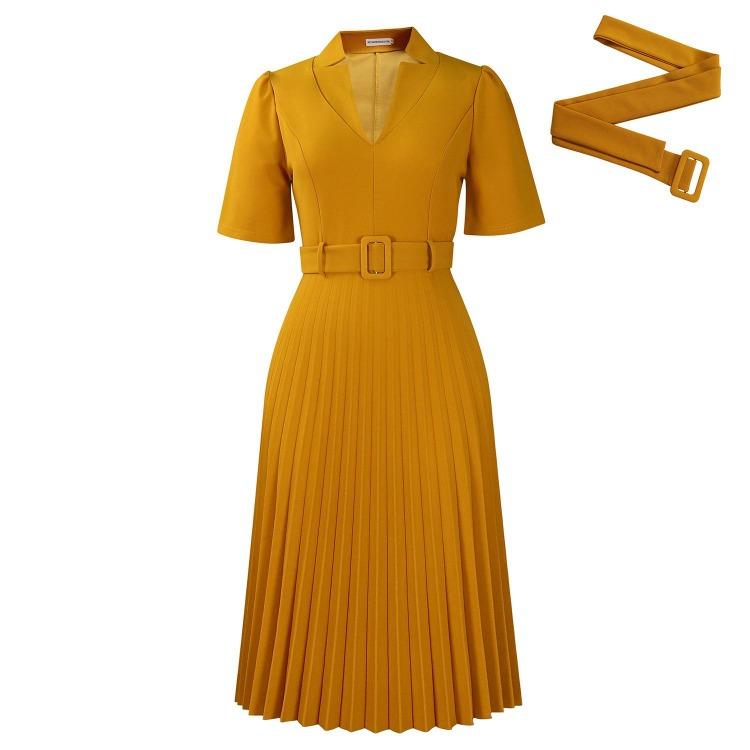 Women Summer Pleated High Waist V Neck Dress
