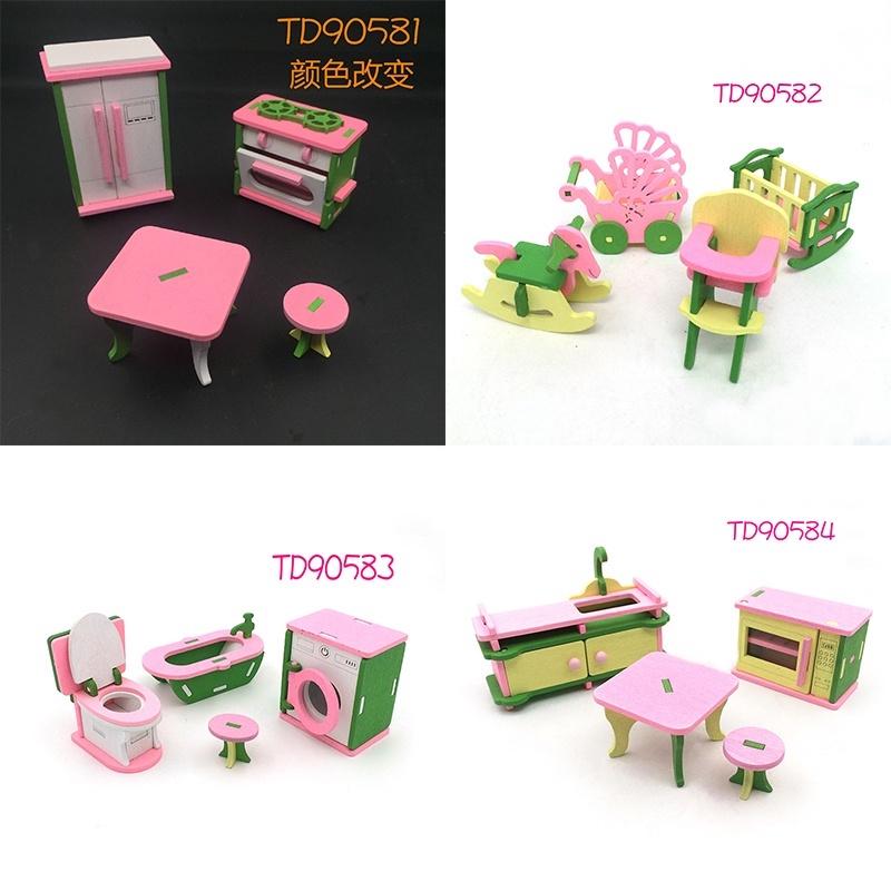Wooden Pink Doll House Furniture Toys Set  for Girls Dollhouse Miniature Rooms Gifts