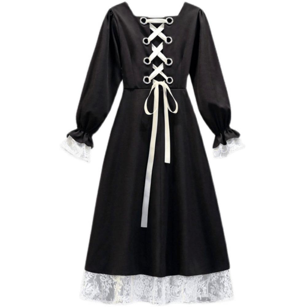 

Pleated Girls Long Dress A-line Puff Long Sleeved Dress Fashion Lace Princes Dress Streetwear S чёрный