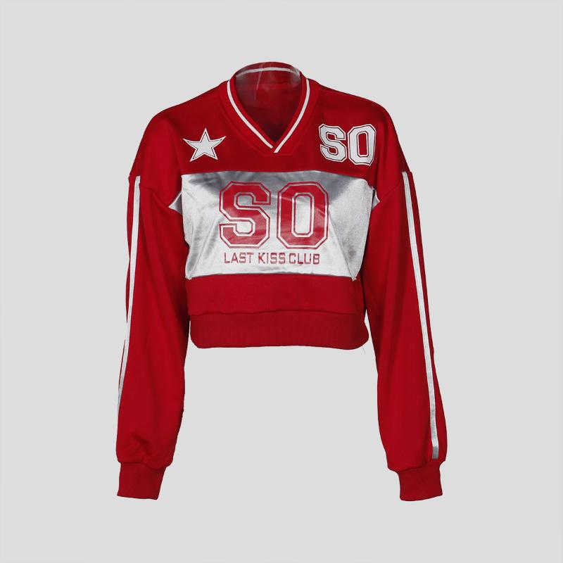 Spring and Autumn European and American letter printed loose V-neck contrasting long sleeved shirt