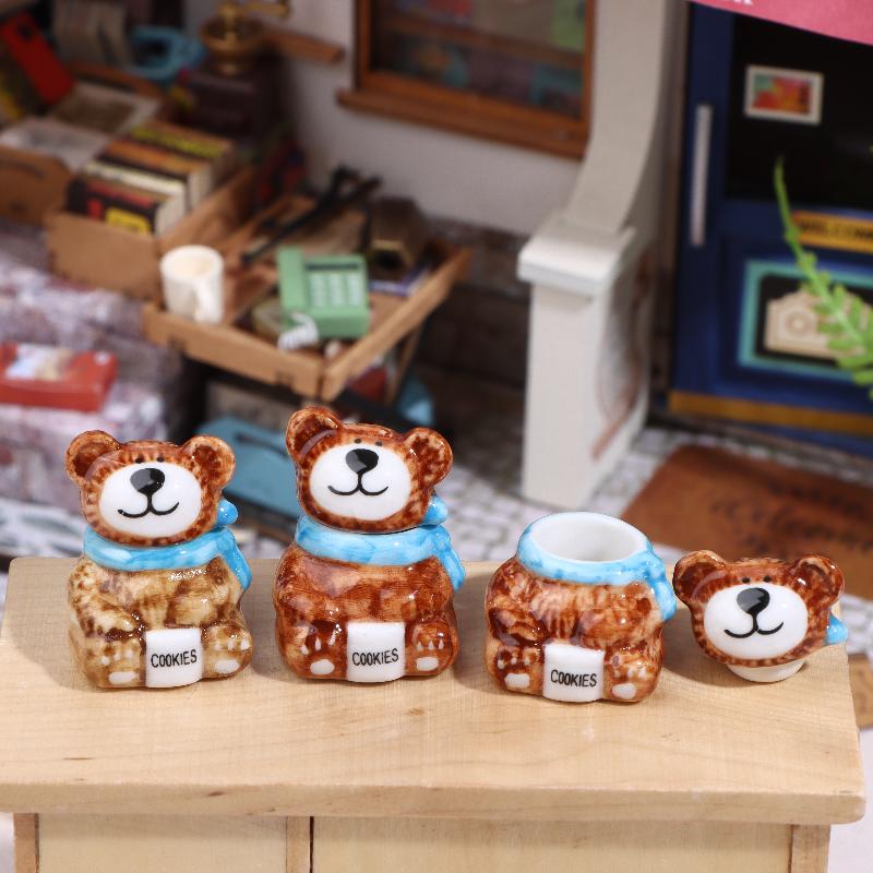 1/3Sets Miniature Dollhouse Porcelain Bear Cookie And Candy Jars Ornaments For Diy Doll Kitchen Party Decoration Accessories