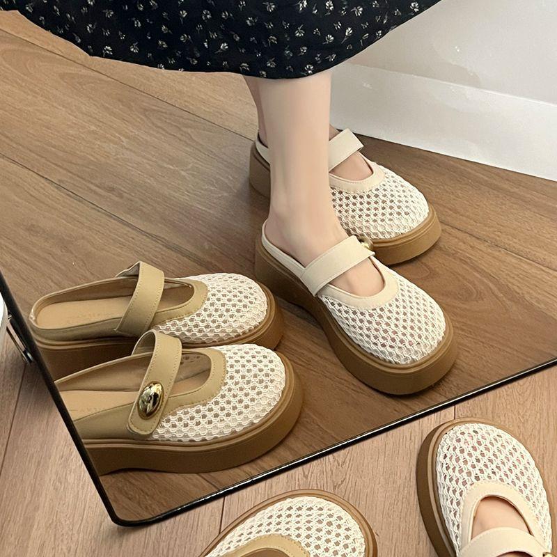 Thick-bottomed Mesh Breathable Bag Head Half Slippers Women's Outer Wear 2025 New Summer Fashion One Pedal with Skirt Sandals