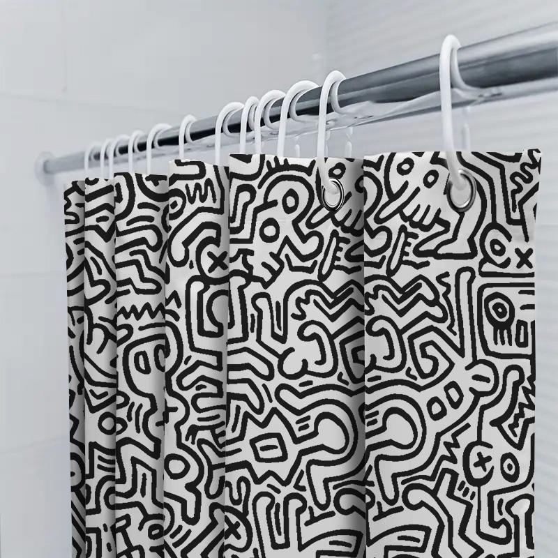 Elegant Black White Graffiti Waterproof Mildewproof Bathroom Curtain Decor Suitable For Wet And Dry Separation Elevate Space