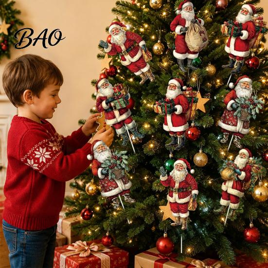 Quick Installation Tree Decor 6 Pcs Large Christmas Picks, Wooden Santa Snowman Gingerbread Ornaments, Xmas Outdoor Yard Signs Topper Decoration