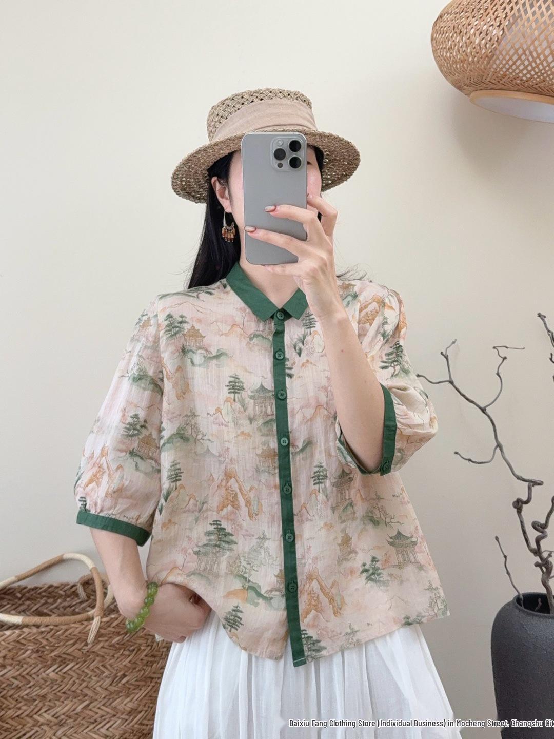 

Women s Summer 2026 Linen Print Shirt: Artistic Chinese Style, Small Lapel, Cardigan, 3/4 Sleeve Top One Size (90-140 Jin)