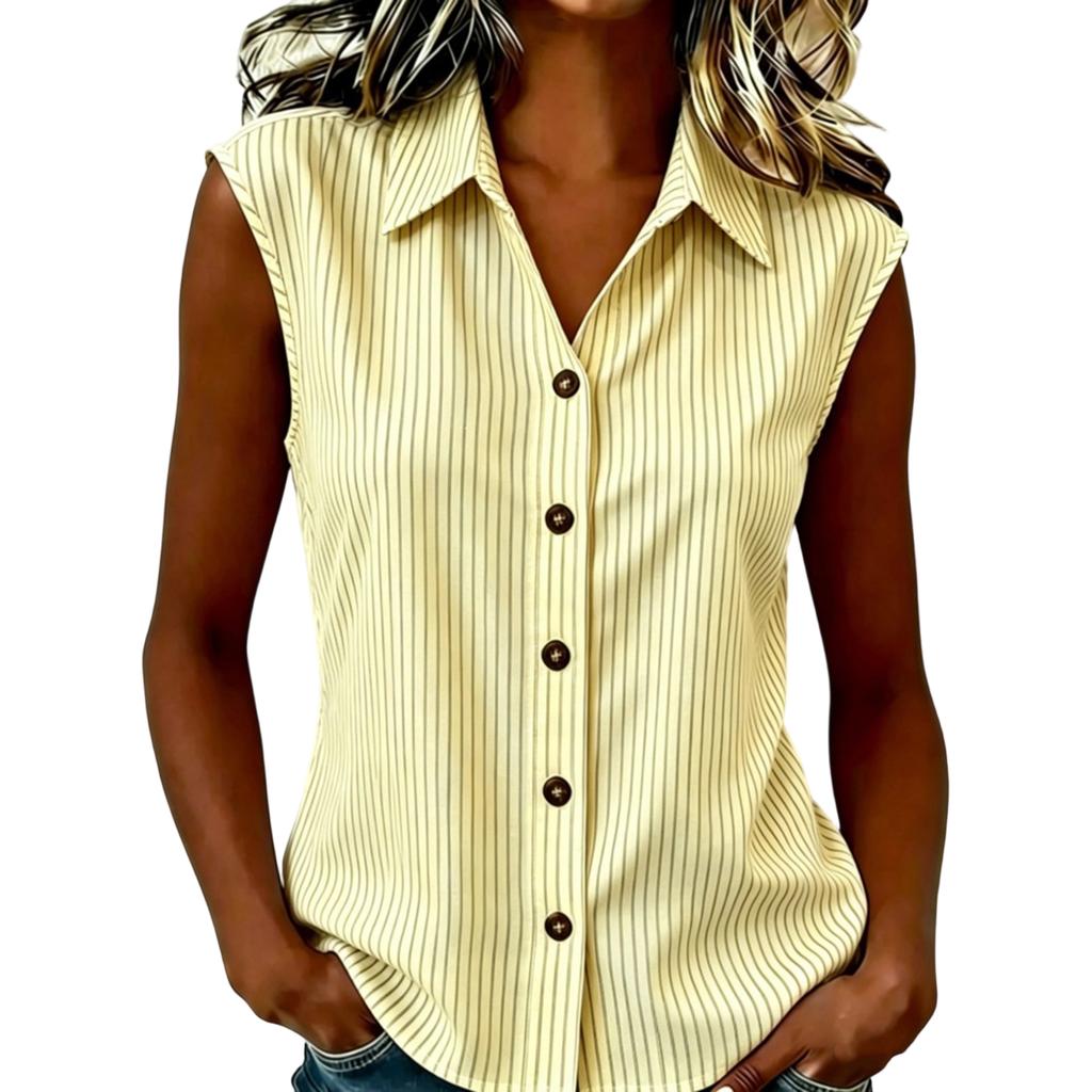 Women’s Collared Button Down Striped Sleeveless Shirt Top with Classic Fit for Daily Office Wear and Casual Outings