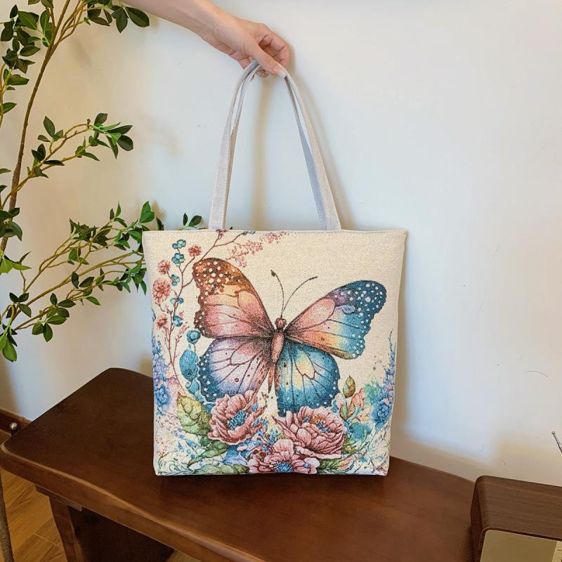 Vintage Embroidery Women's Bags Large Capacity Ethnic Style Commuter Shoulder Bag Ladies Cotton Linen Tote Shopping Bag