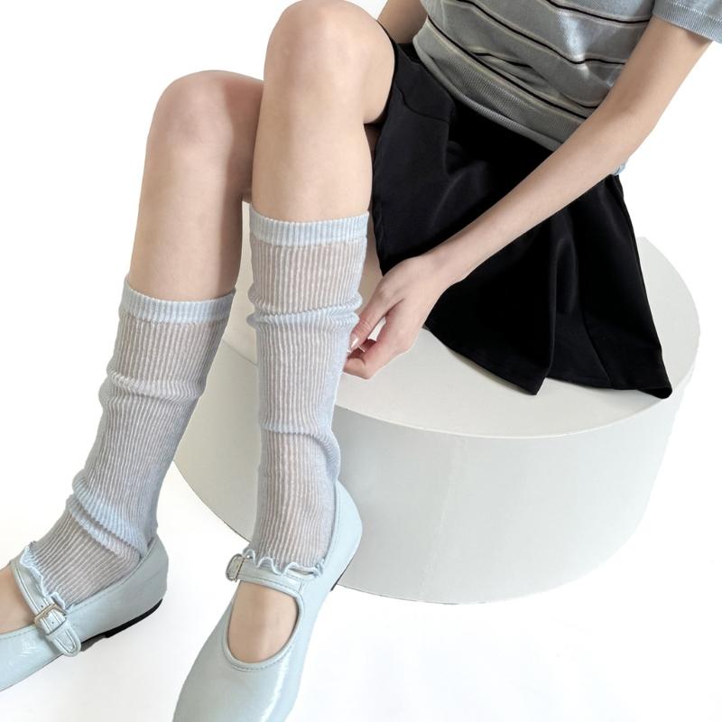 Womens Ruffled Trimmed Knee Length Socks Soft Acrylic Fabric Ribbed Knitted Thin Sheer Leg Warmers Covers For Daily Outfits