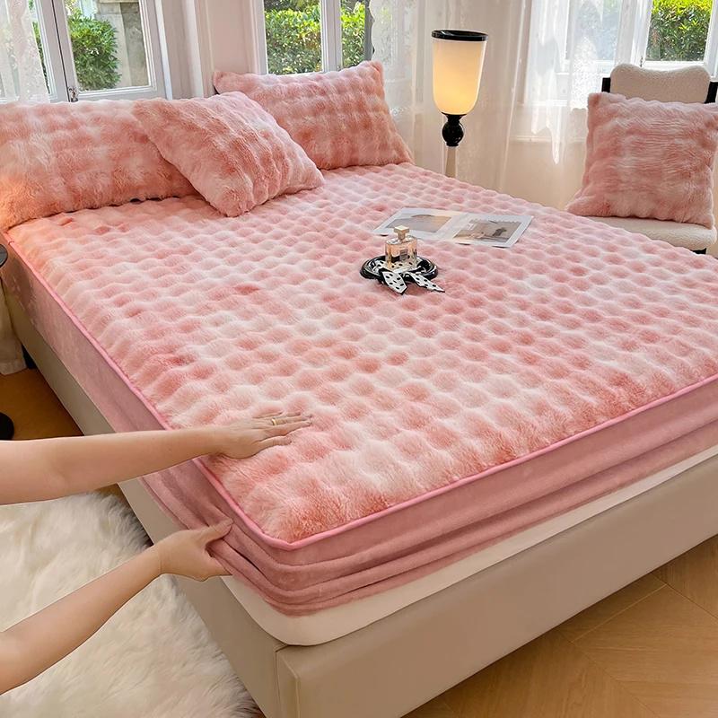 Warm Rabbit Plush Bedsheet Winter Thick Mattress Cover Milk Velvet Mattress Protective Cover Quality Velvet Bed Sheets For Home