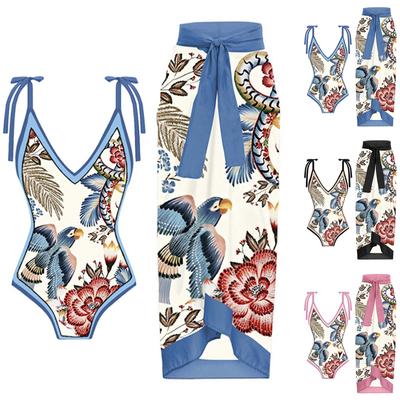 Damesmode retro bedrukte conservatieve strandjurkenset uit één stuk (2-delige set met bh-pads en geen stalen bh)