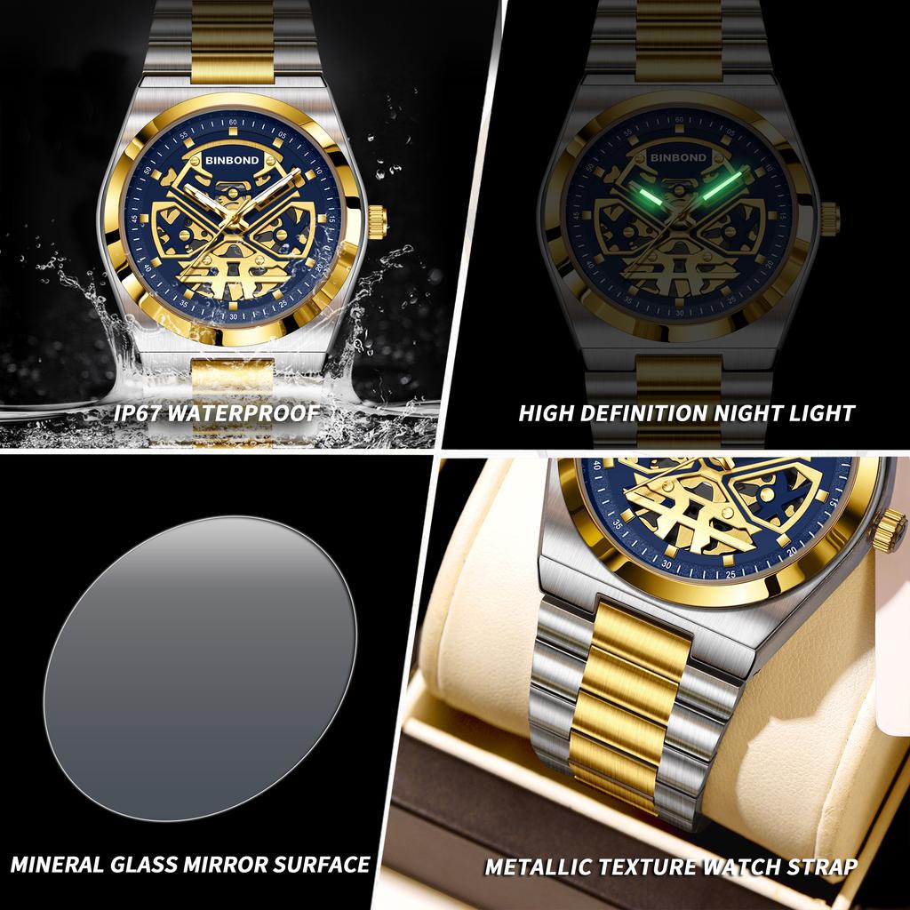 BINBOND Herrenuhren Quarz Businessuhren Herrenuhr Luxus Skelettuhr Herren Wasserdichte Leuchtende Uhr für Herren