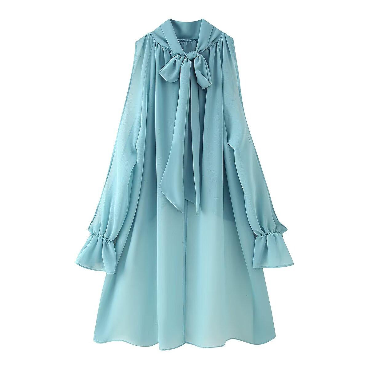 

Лето 2025 Новинка Топ из длинного шифона с воротником-стойкой, украшением-бабочкой и рукавами-трубами S