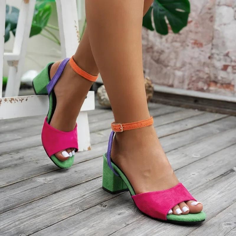 Fashion 2025 European and American colored plus size high-heeled sandals for women 2025 new round toe fashionable thick heel sandals