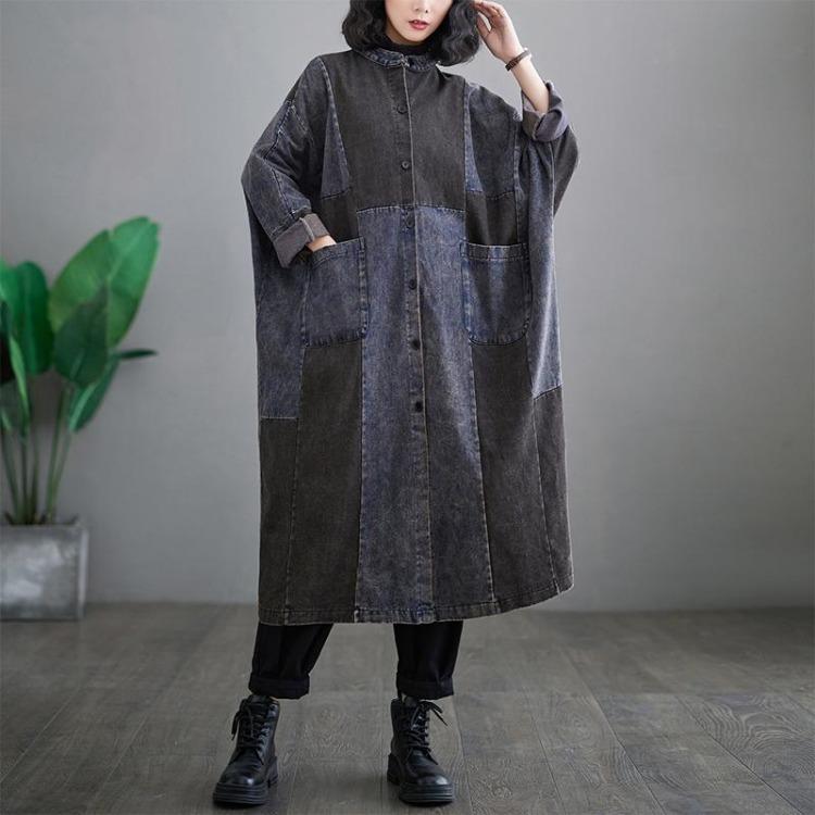 

Весна 2024 Женское джинсовое пальто Винтажное повседневное длинное пальто Большого размера Свободное Оверсайз Сшитое Хлопок Пуговицы Карманы Dimanaf 2XL