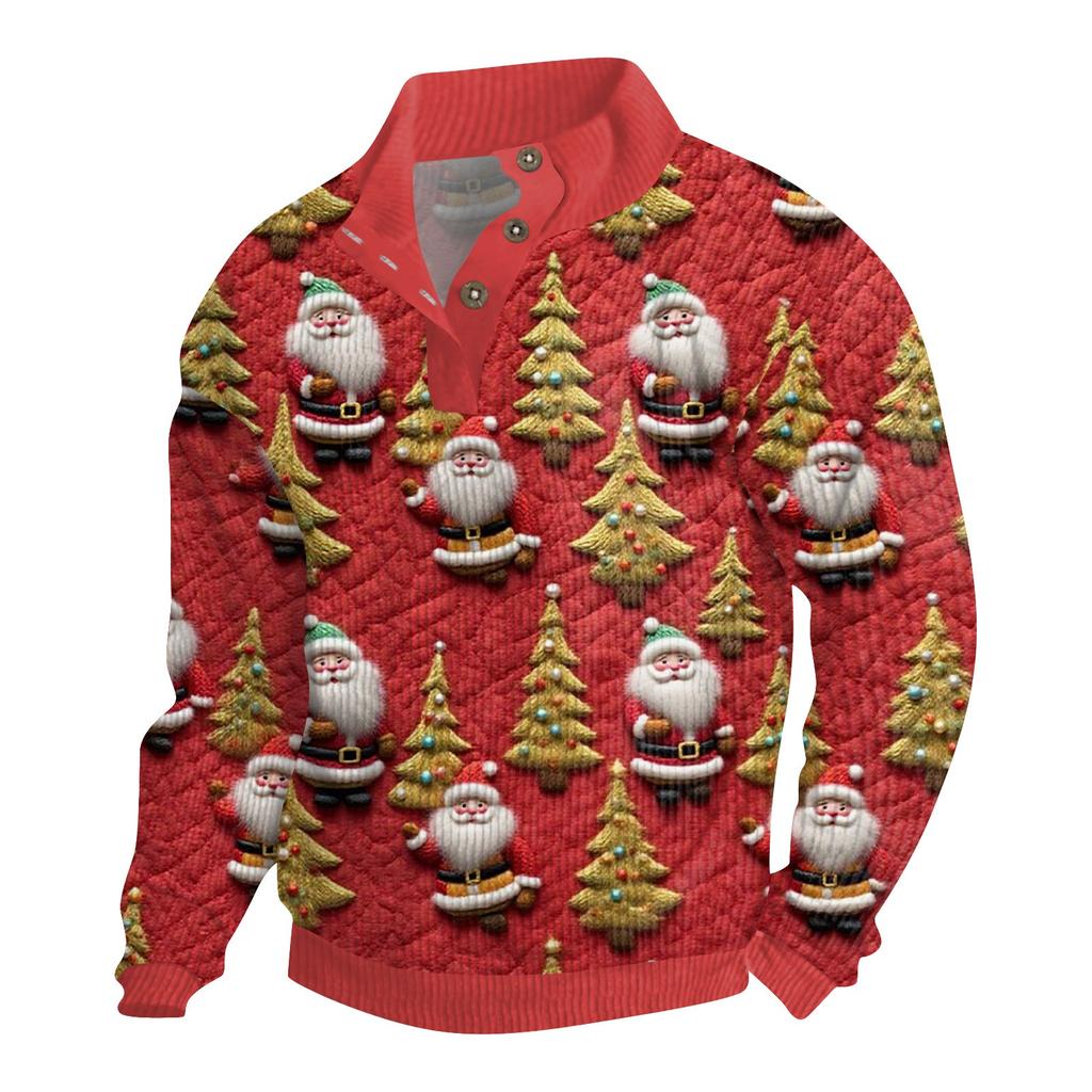 Men's Christmas Cotton Pullover Long Sleeve Outdoor Shirt Vintage Corduroy Button Stand Collar Shirt Casual Sweatshirt Christmas Print Top