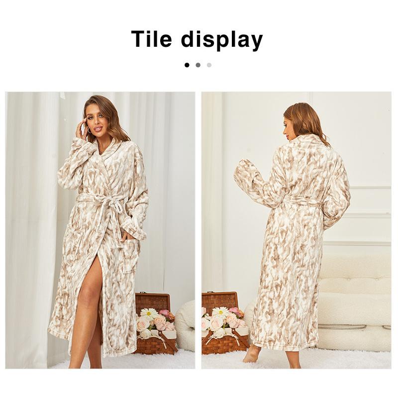 Autumn Winter Lapel Extended Printed Bathrobe Pajamas Nightgown Casual Flannel Nightgown Womens Wear Clothing