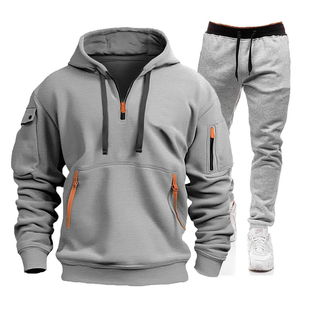 Autumn Men's Casual Sports Suit with Multi-Zipper Arm Pockets & Fashionable Hoodie